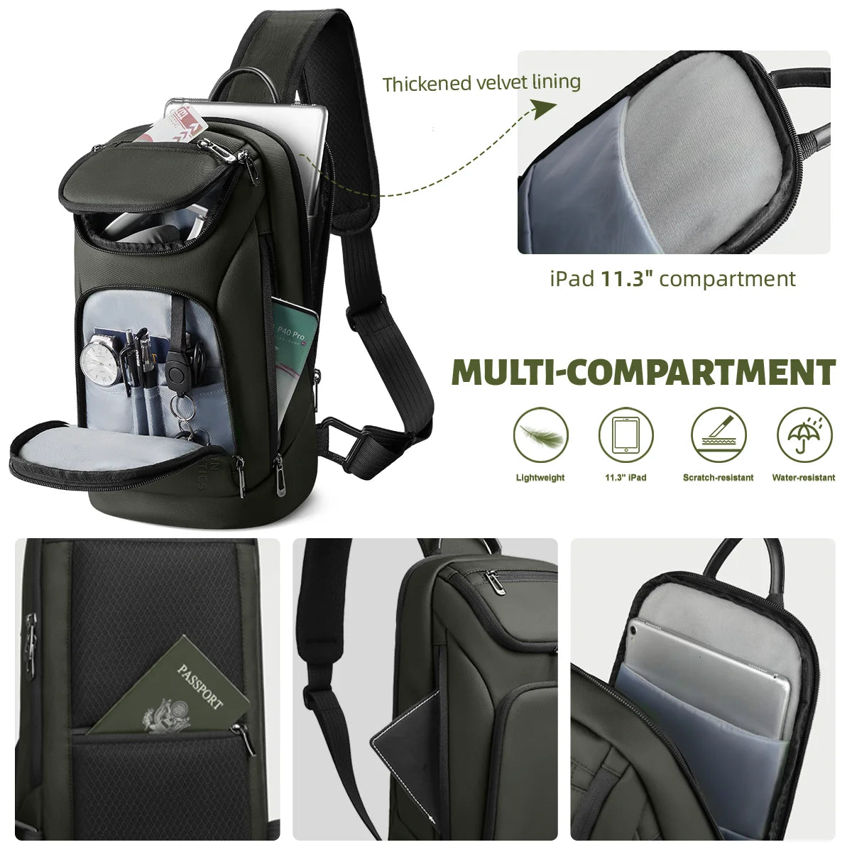 HK Multifunction Men's Shoulder Bag Waterproof Crossbody Bag Fit 11 inch iPad Lightweight Messenger Sling Bag for Travel Outdoor