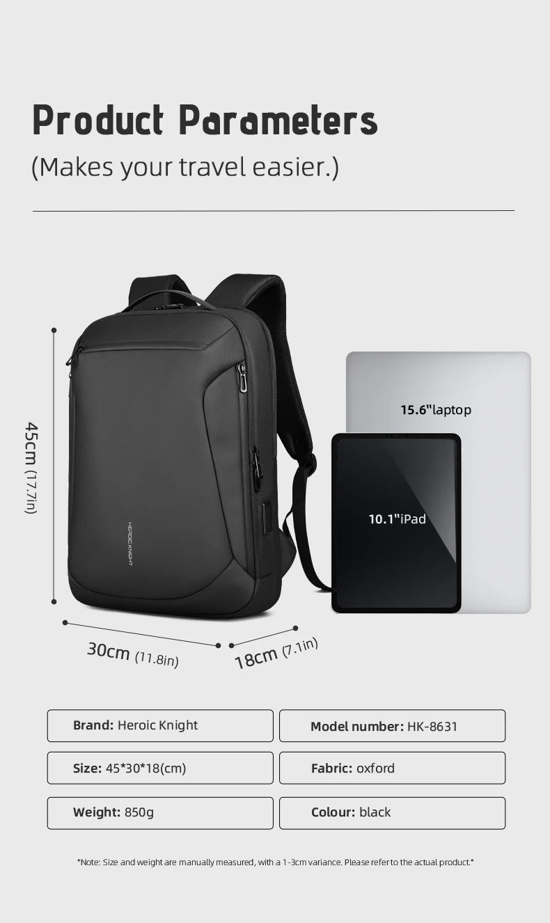 HK Minimalist Business Backpack Men Large Capacity Travel Backpack Waterproof 15.6 inch Laptop Bag with USB Port Daily Rucksack
