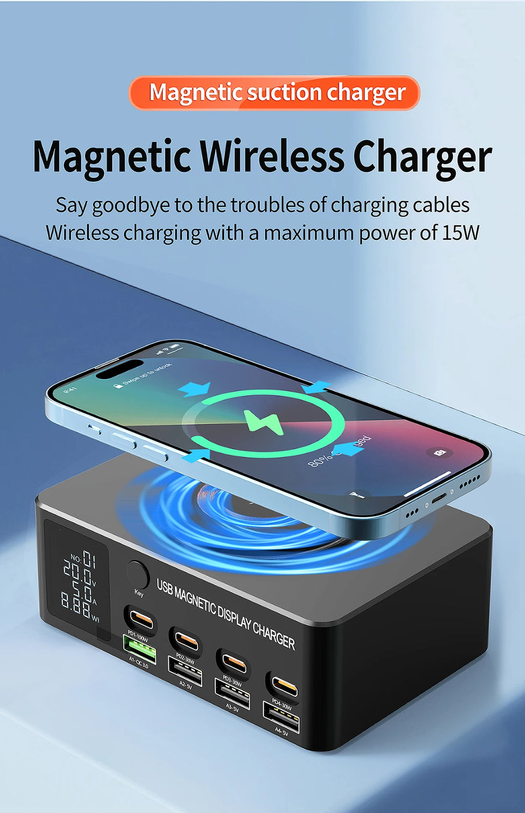 220W GaN USB Type C Fast Charger Portable QC3.0 140W Desktop Power Charging Station Charger For iPhone 16 15 Pro Max MacBook Air