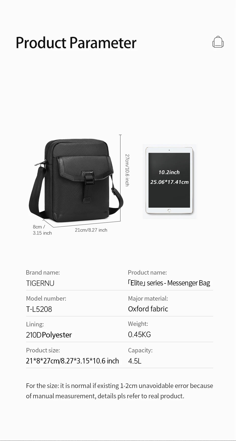 Tigernu Men's Shoulder Bags Anti-wrinkle Waterproof Fit For 10.2" iPad Bags Men Travel Bag Messenger Bag Mini Bags Elite Series