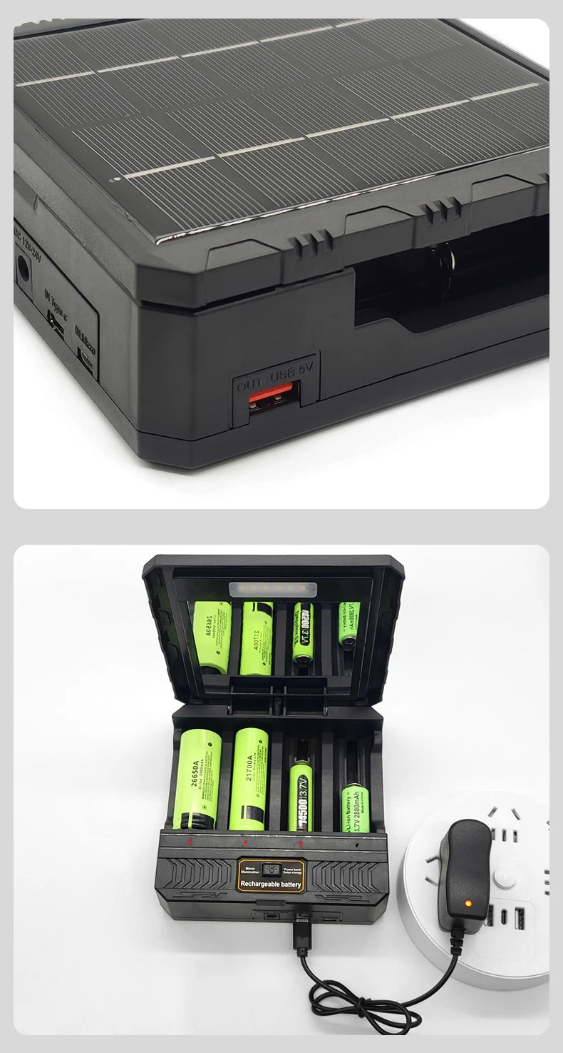 Solar Lithium Battery Smart Charger Type-C USB Four-Slot Multi-Function Outdoor Charger for 3.7V 18650/26650/21700 Batteries