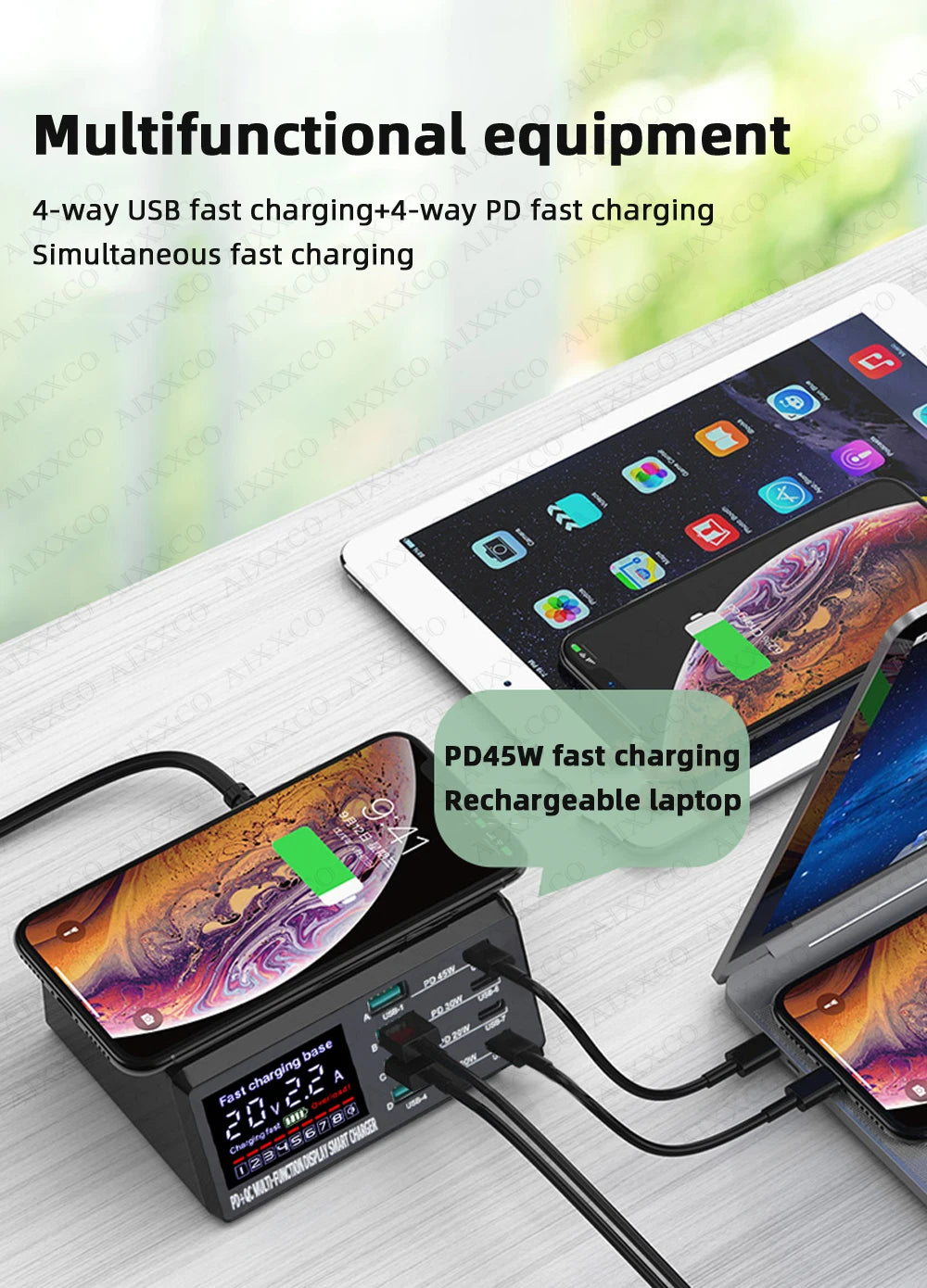AIXXCO 110W USB Type C Charger Wireless Charing Multi Ports Fast Phone Charger PD QC3.0 Quick Charge For iPhone Samsung Xiaomi