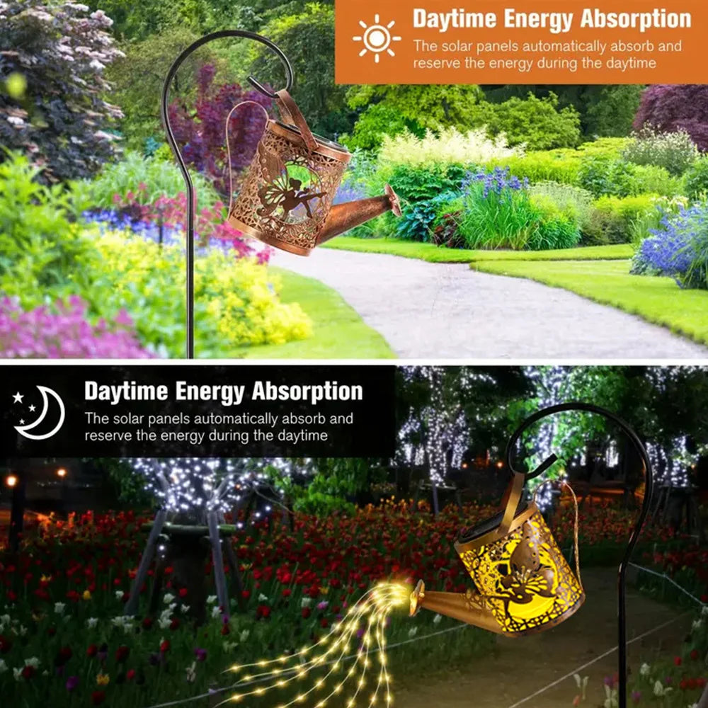 Solar Watering Can Light Outdoor Garden Decoration – Hollow Iron LED Projection Lamp, Waterproof Landscape Ground Stake Light