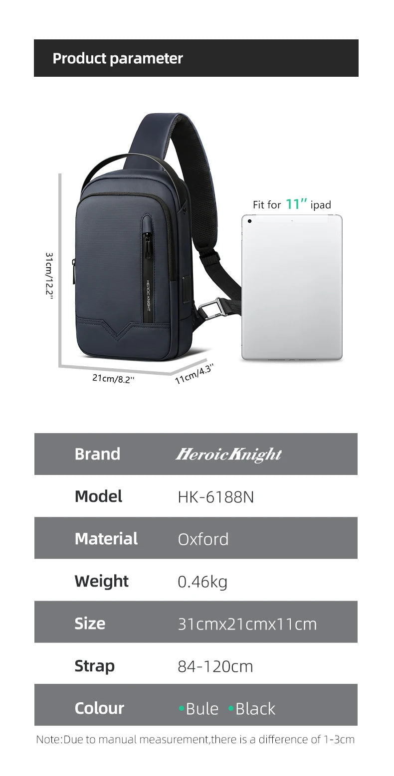 HK Minimalist Crossbody Bag Waterproof Men's Shoulder Bag Oxford Casual School Bag with USB Port Commute Business Chest Bag Male