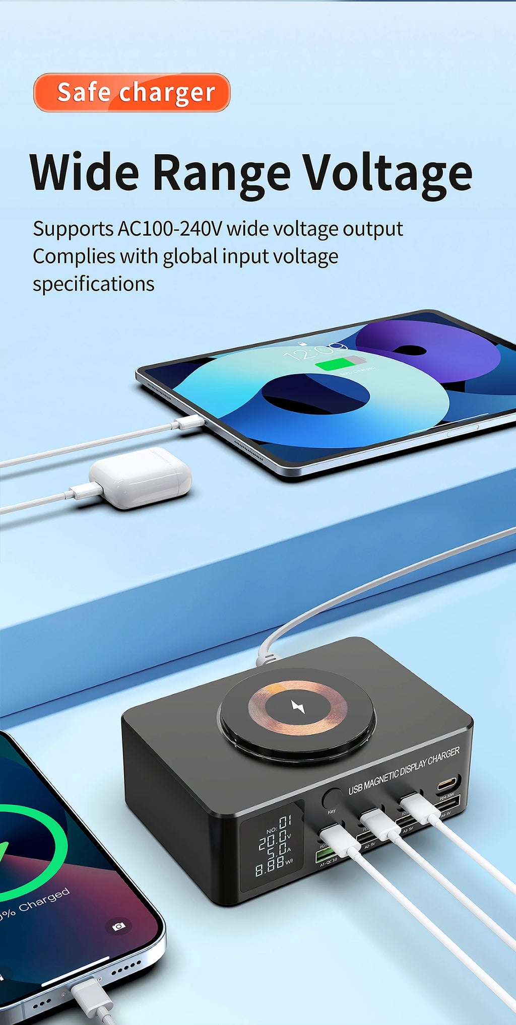220W GaN USB Type C Fast Charger Portable QC3.0 140W Desktop Power Charging Station Charger For iPhone 16 15 Pro Max MacBook Air