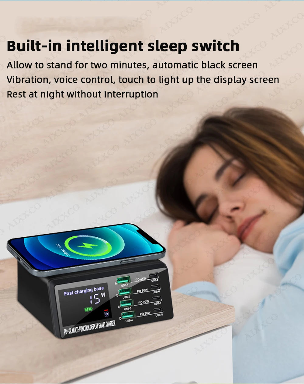 AIXXCO 110W USB Type C Charger Wireless Charing Multi Ports Fast Phone Charger PD QC3.0 Quick Charge For iPhone Samsung Xiaomi