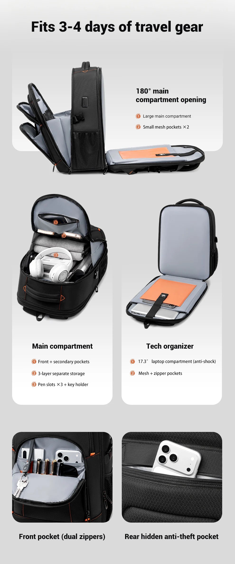 HK Large Capacity Travel Backpack Water Repellent 17.3 inch Laptop Business Bag for Men Work Leisure Hiking Rucksack School Bag