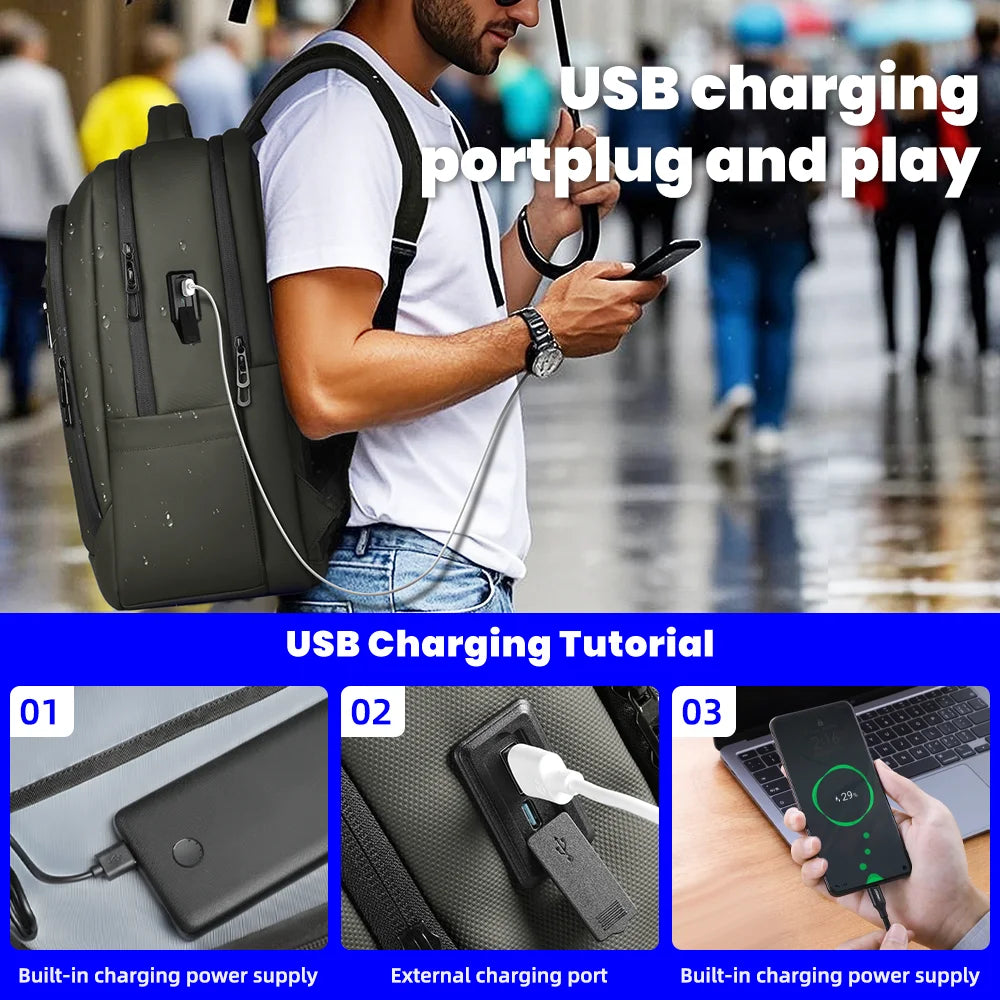 HK Multi Pocket Business Backpack Waterproof 17 inch Laptop Backpack with USB Charging Port School Bag for Men Computer Rucksack