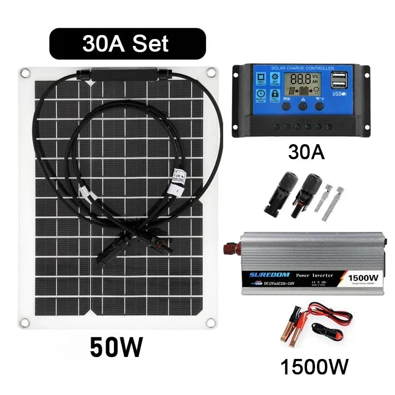 Solar Power System Kit Battery Charger 30W Solar Panel 10-60A Charge Controller Complete Power Generation Home Grid Camp
