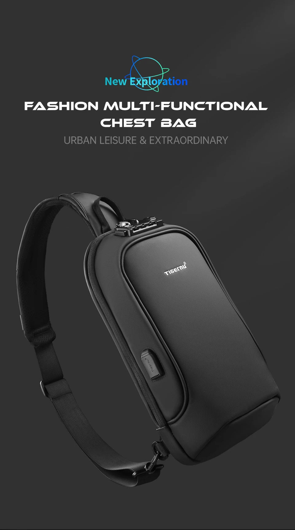 Tigernu Fashion Chest Bags Men High Quality Crossbody Bag Splashproof Chest Bag Anti-theft USB Charging Casual Shoulder Bag Male