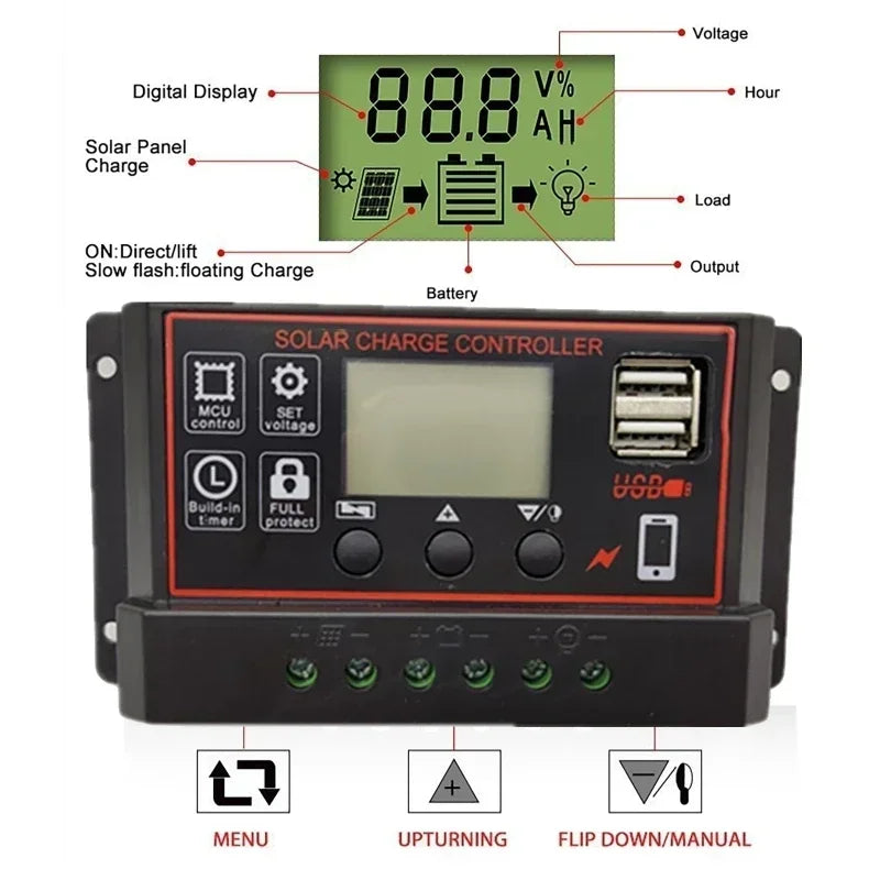 Solar Charge Controller 10A/20A/30A/40A/50A/60A/80A/90A/100A USB LCD Display 12V 24V Panel Charger Regulator with Load