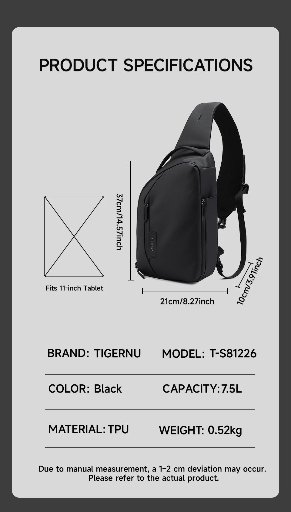 Tigernu Fashion Men's Shoulder Bag Travel Chest Bags for Men Water-Resistant Sling Bag Cross Bag Large Capacity 11 Inch IPad Bag