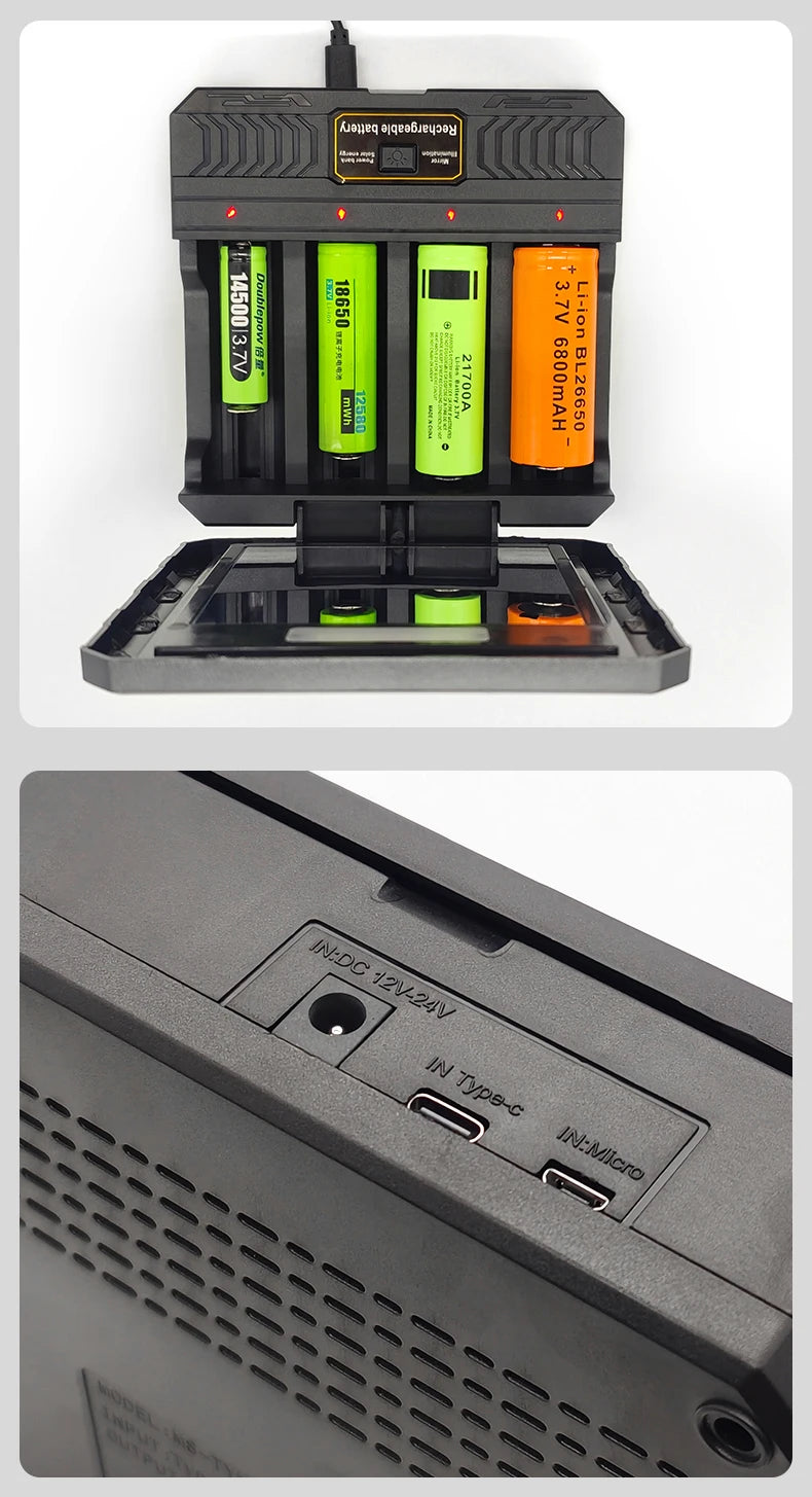 Solar Lithium Battery Smart Charger Type-C USB Four-Slot Multi-Function Outdoor Charger for 3.7V 18650/26650/21700 Batteries