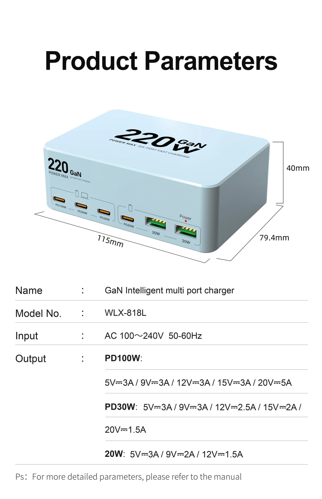 220W GaN USB Type C Fast Charger Portable QC3.0 140W Desktop Power Charging Station Charger For iPhone 16 15 Pro Max MacBook Air