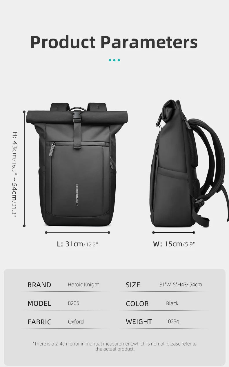 HK Multifunctional Travel Backpack for Men Large Roll-top Hiking Backpack Waterproof 15.6 Inch Laptop Bag Outdoor Sport Rucksack