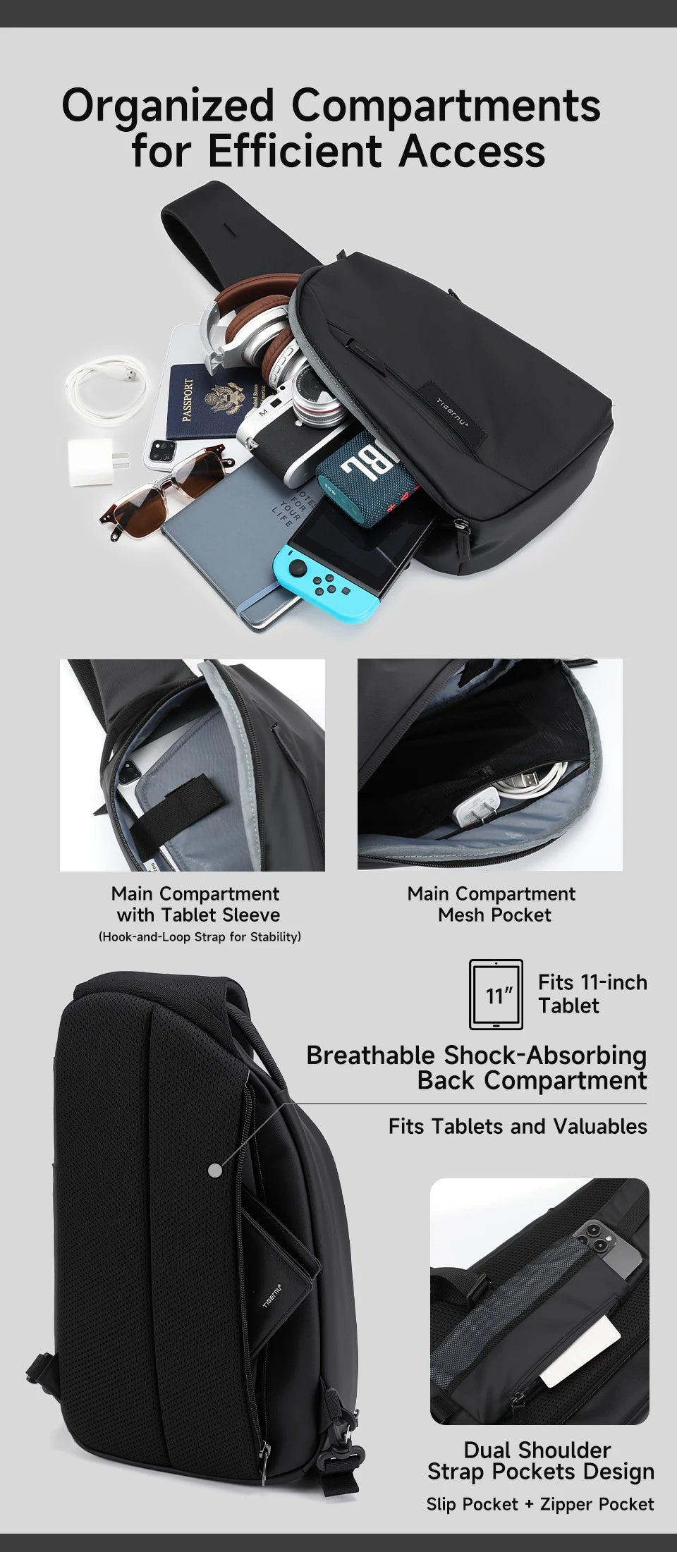Tigernu Fashion Men's Shoulder Bag Travel Chest Bags for Men Water-Resistant Sling Bag Cross Bag Large Capacity 11 Inch IPad Bag