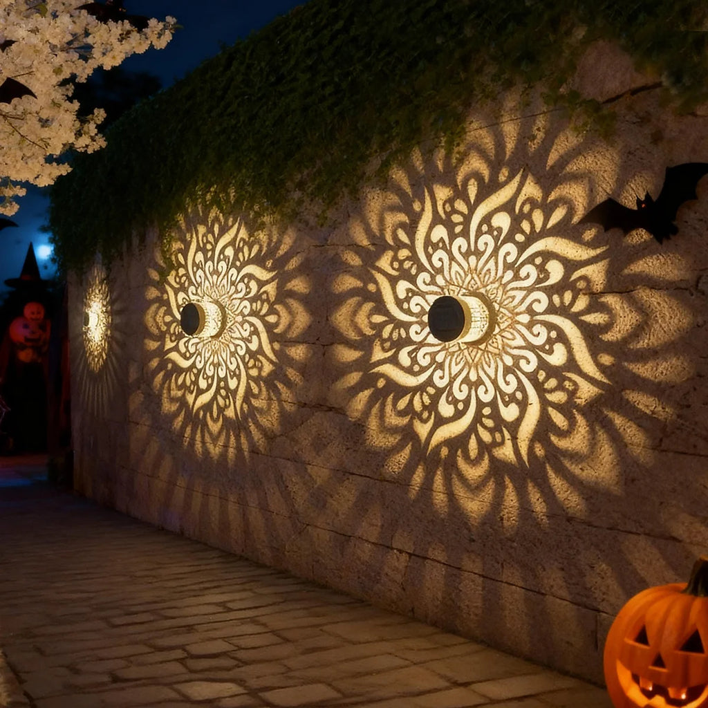 Solar Outdoor Wall Light Projector Waterproof Garden Lamp Patio Fence Decorative Hollow Lantern Lawn Yard Pathway Decor Lighting