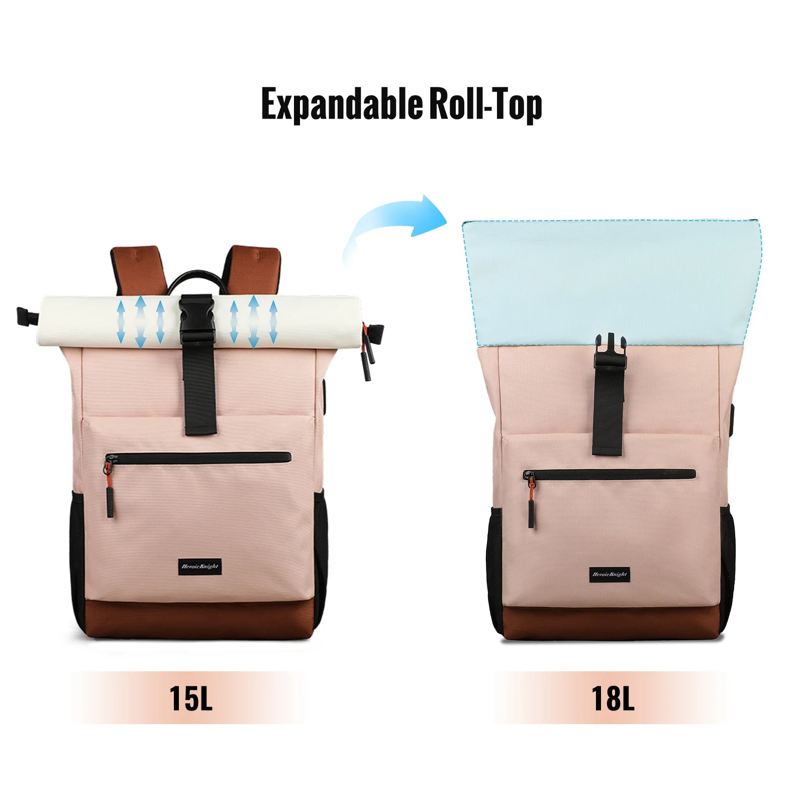 HK Expandable Travel Backpack Roll-top Laptop Backpack for Women Waterproof 15.6 inch Computer School Bags with USB Port Daypack