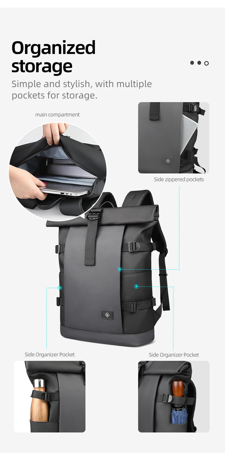 HK Waterproof Roll-Top Backpack for Men Large Capacity Expandable 17 Inch Laptop Bag Leisure Travel Backpack Hiking Camping Bags