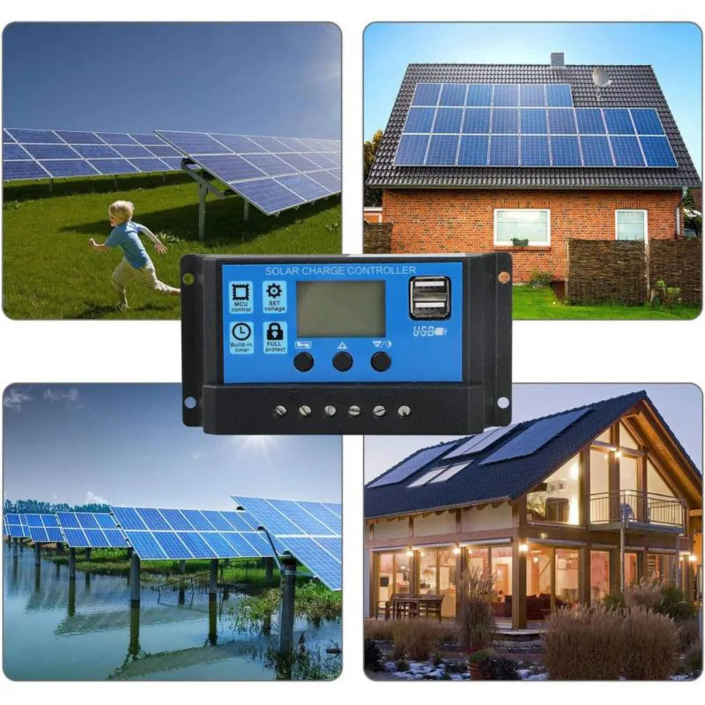 Solar Charge And Discharge Controller with LCD Display Dual USB Auto Solar Panel Charger Regulator for Renewable Energy Systems