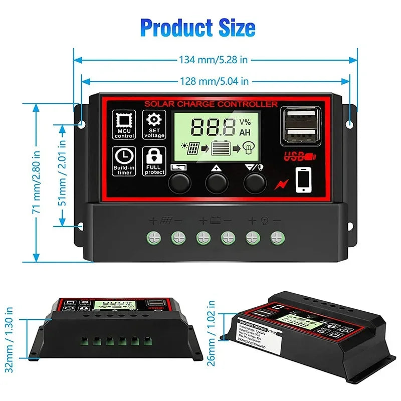 Solar Charge Controller 10A/20A/30A/40A/50A/60A/80A/90A/100A USB LCD Display 12V 24V Panel Charger Regulator with Load