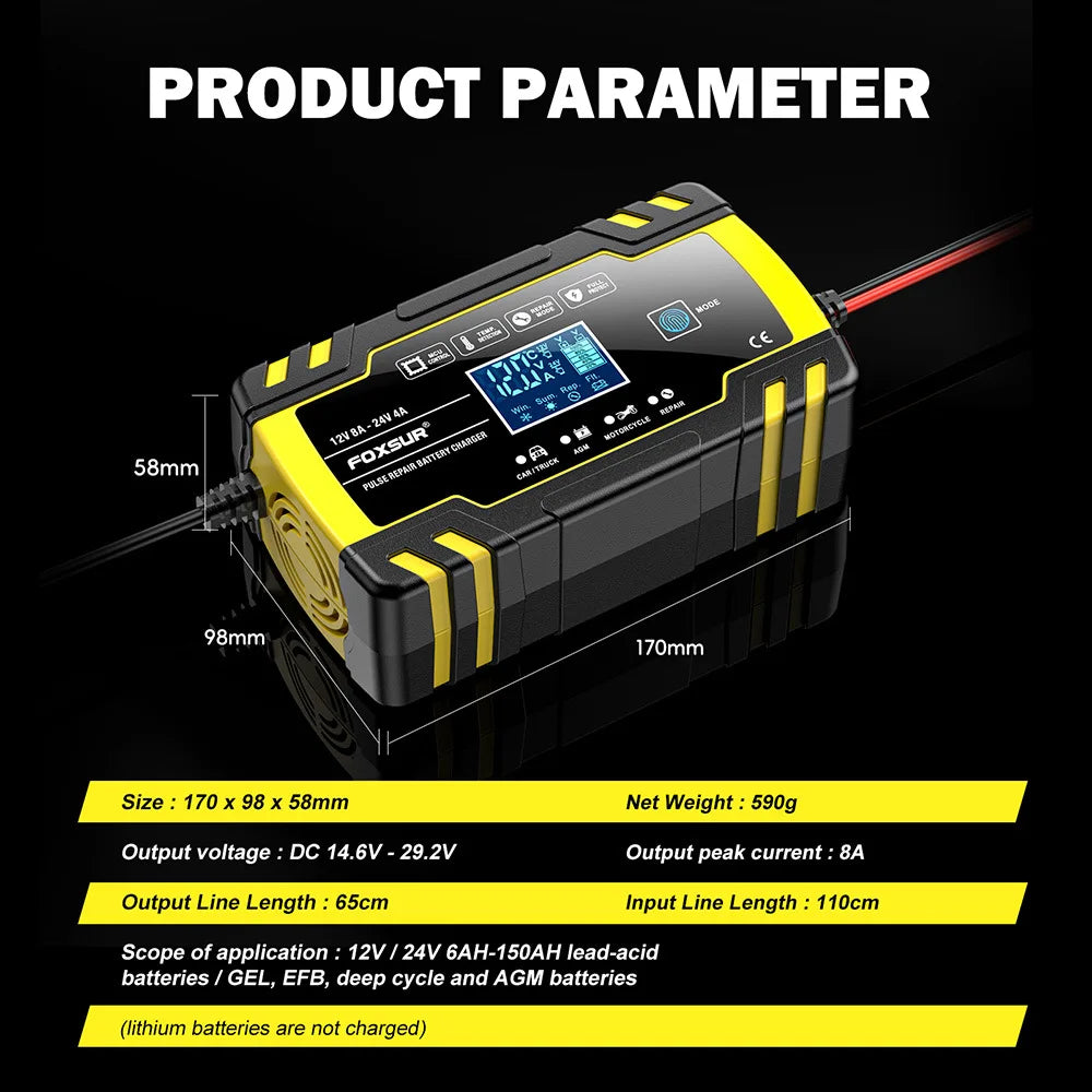 12V 24V Motorcycle Car Truck Battery Charger Repair Tool AGM Charger for Vehicle Batteries