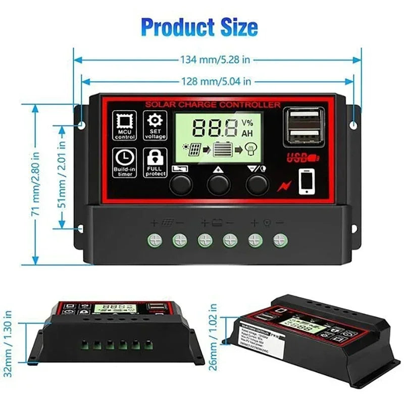 Solar Charge Controller 10A/20A/30A/40A/50A/60A/80A/90A/100A USB LCD Display 12V 24V Panel Charger Regulator with Load