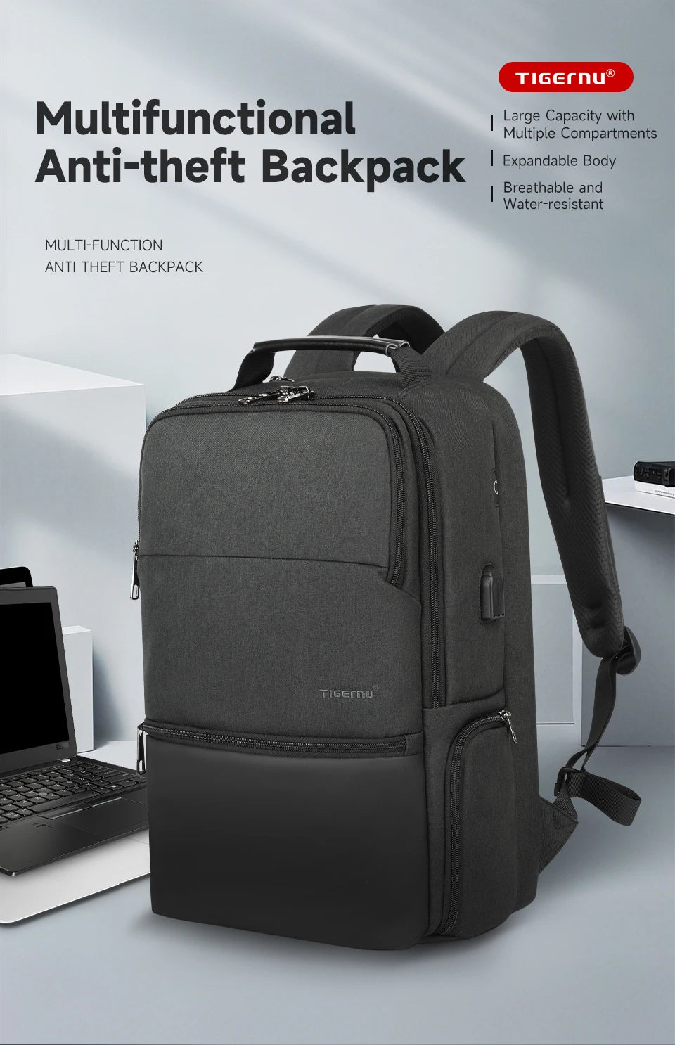 Tigernu Men Expandable Backpack 15.6-19inch Laptop Backpack For Men RFID Anti Theft Bag Travel Bag Schoolbag Cabin Bags Knapsack
