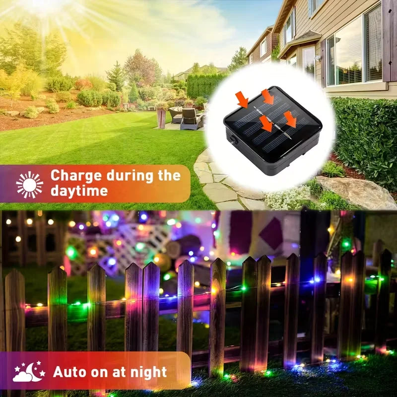 Solar String Lights Outdoor Waterproof 8 Modes LED Copper Wire Fairy Lights with Solar Panel for Garden Patio Yard Tree Decor