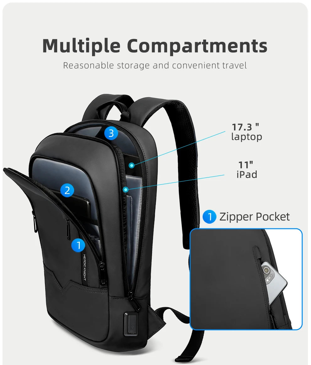HK Slim Business Backpack for Men 17.3 inch Laptop Bag with USB Port Lightweight School Bag Waterproof Travel Backpacks for Work