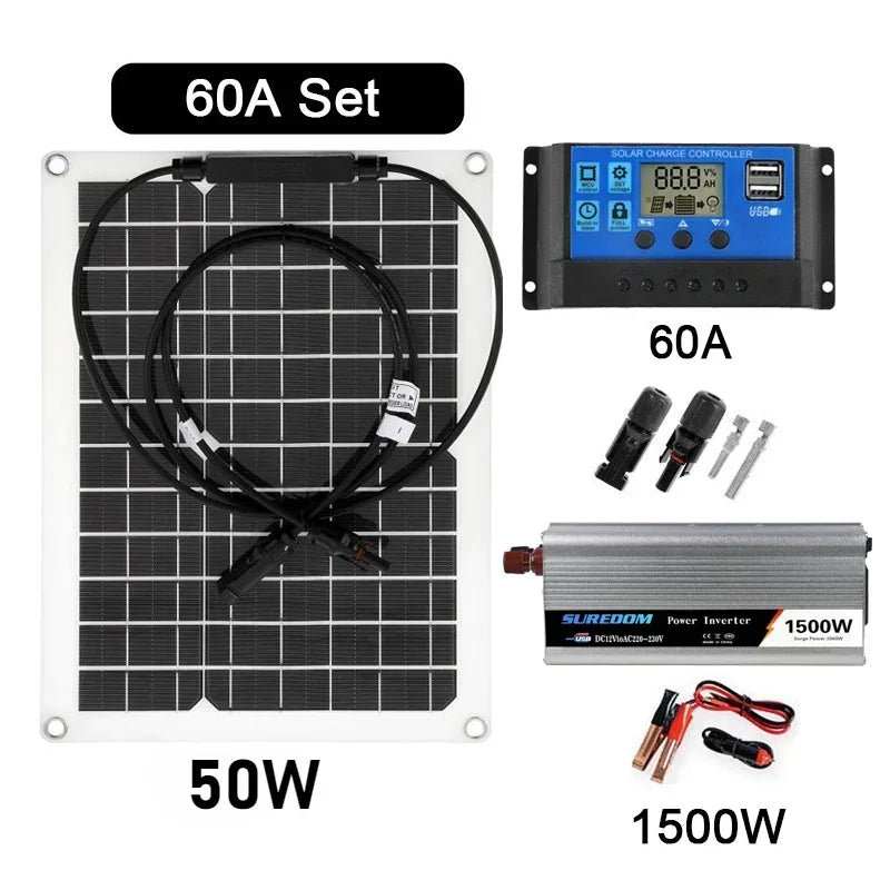 Solar Power System Kit Battery Charger 30W Solar Panel 10-60A Charge Controller Complete Power Generation Home Grid Camp