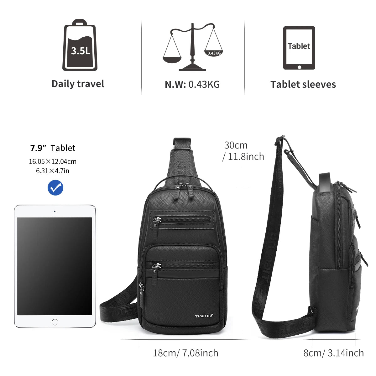 Tigernu Men Sling Chest Bag 7.9 Inch Tablet Crossbody Bag Anti Wrinkle Waterproof For Daily Travel
