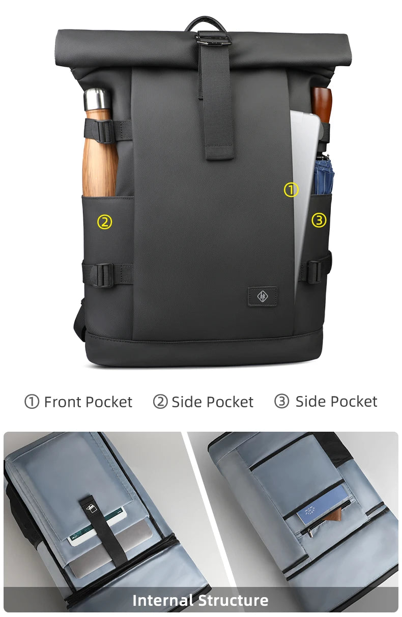 HK Roll-top Travel Backpack Expandable Business Backpack for Men 15.6 Inch Laptop Bag Casual Commute Daypack Computer Men's Bag
