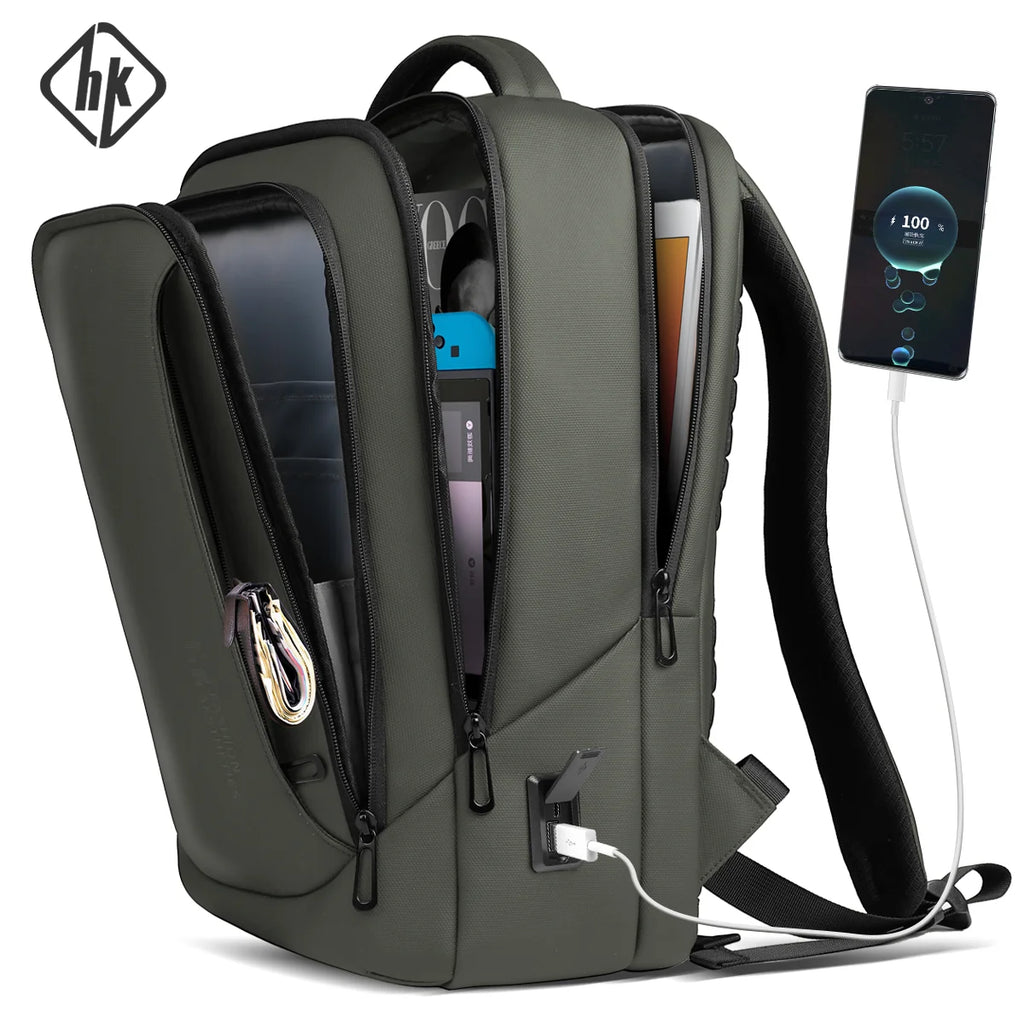 HK Casual Travel Backpack for Men 15.6 inch Laptop Backpack with USB Charging Port Waterproof Daypack Computer Bag for Business
