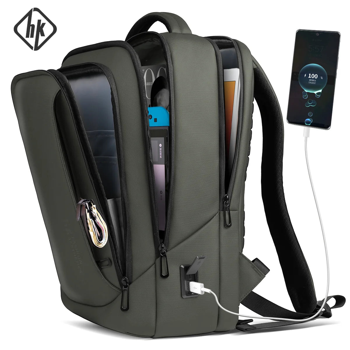 HK Casual Travel Backpack for Men 15.6 inch Laptop Backpack with USB Charging Port Waterproof Daypack Computer Bag for Business