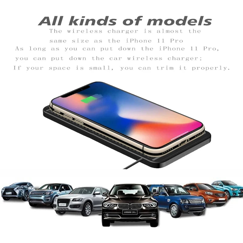 15W Wireless Car Charger Pad Non-Slip Qi Fast Charging for Android & iPhone 11/12/13/14 - Vehicle Phone Charger