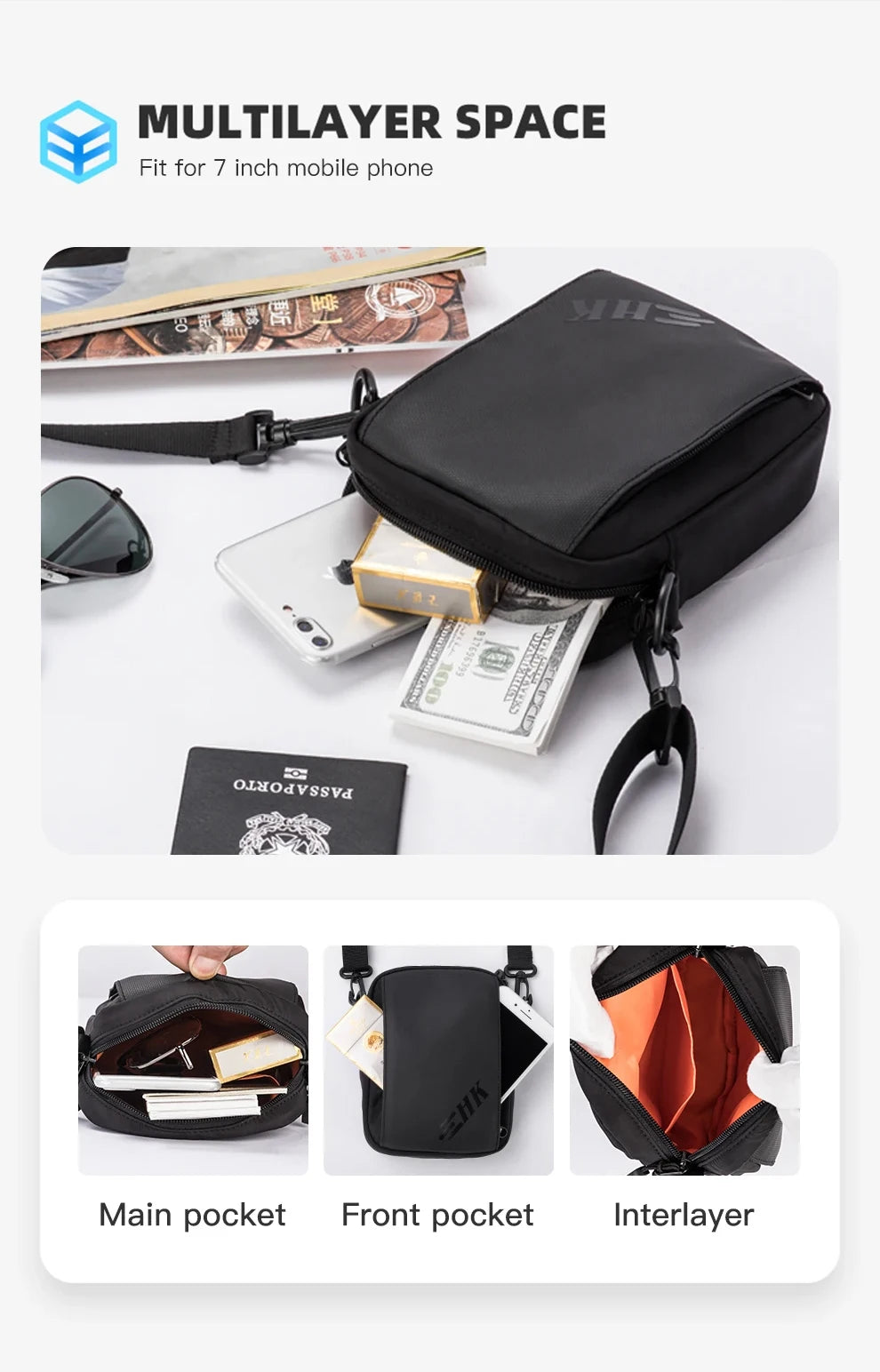 HK Casual Crossbody Bag Men's Shoulder Bag Small Sling Chest Bag Waterproof Wallet Phone Pouch Travel Daily Messenge Bag for Men