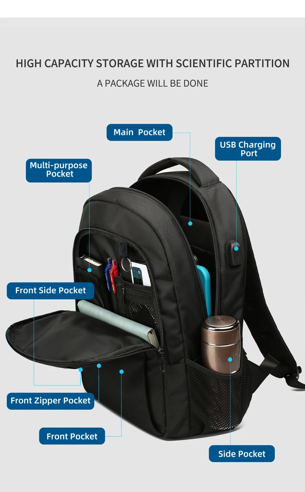 HK Casual 15.6 inch Laptop Backpack Men Large Capacity School Bags Business Travel Backpack Student Sports Backpack YKK Zippers