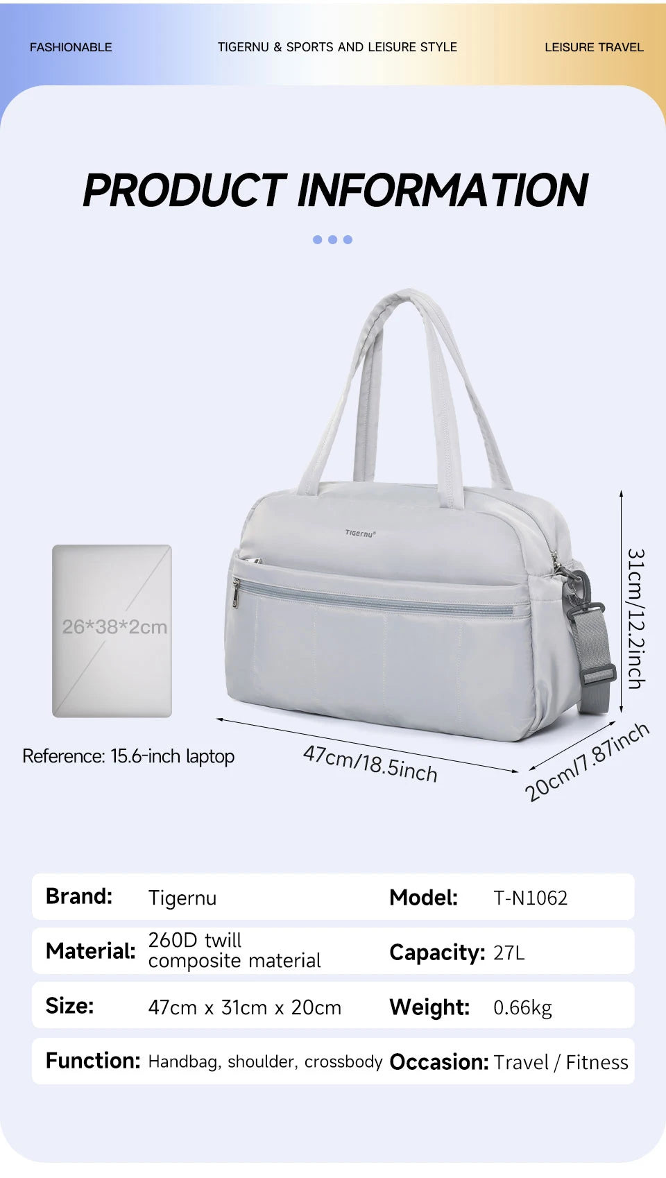 Tigernu Women Tote Bags Large Capacity Handbag Female Bags Lightweight Travel Duffle Bag Large Capacity Storage Luggage Handbag