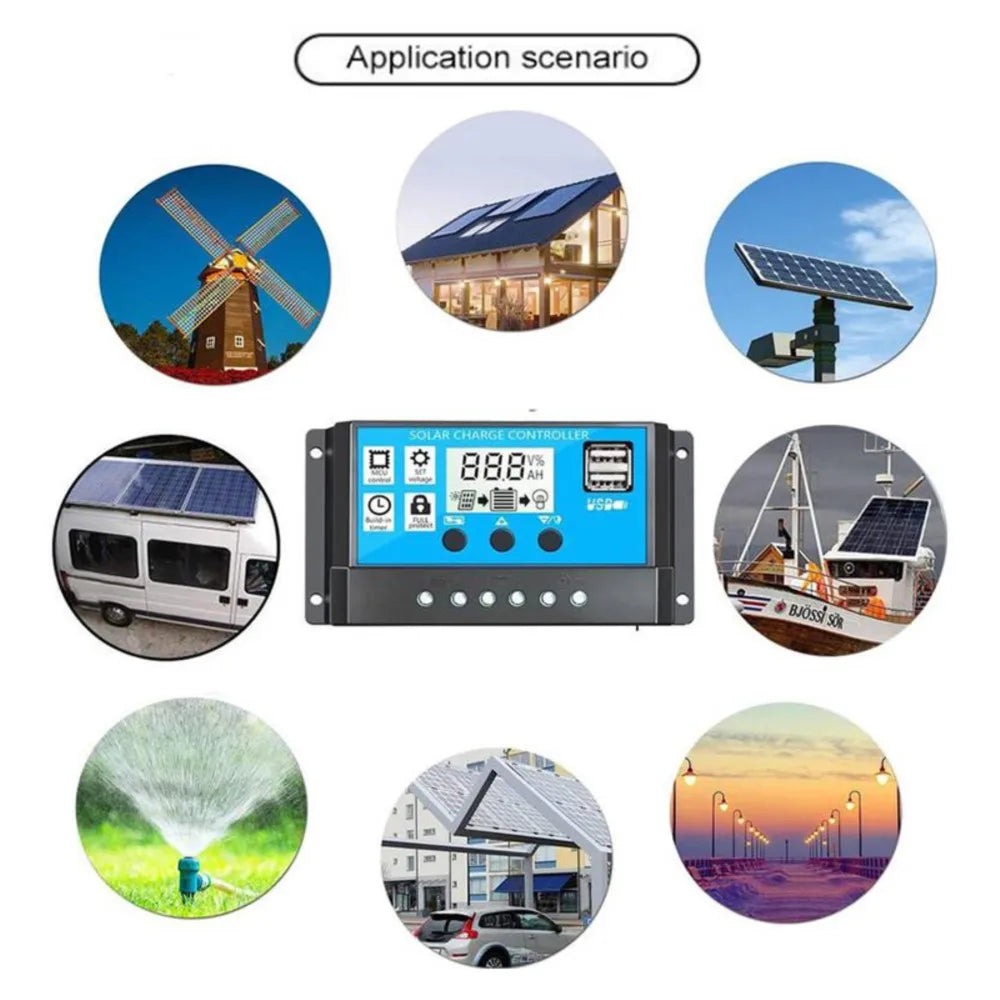 Solar Charge And Discharge Controller with LCD Display Dual USB Auto Solar Panel Charger Regulator for Renewable Energy Systems