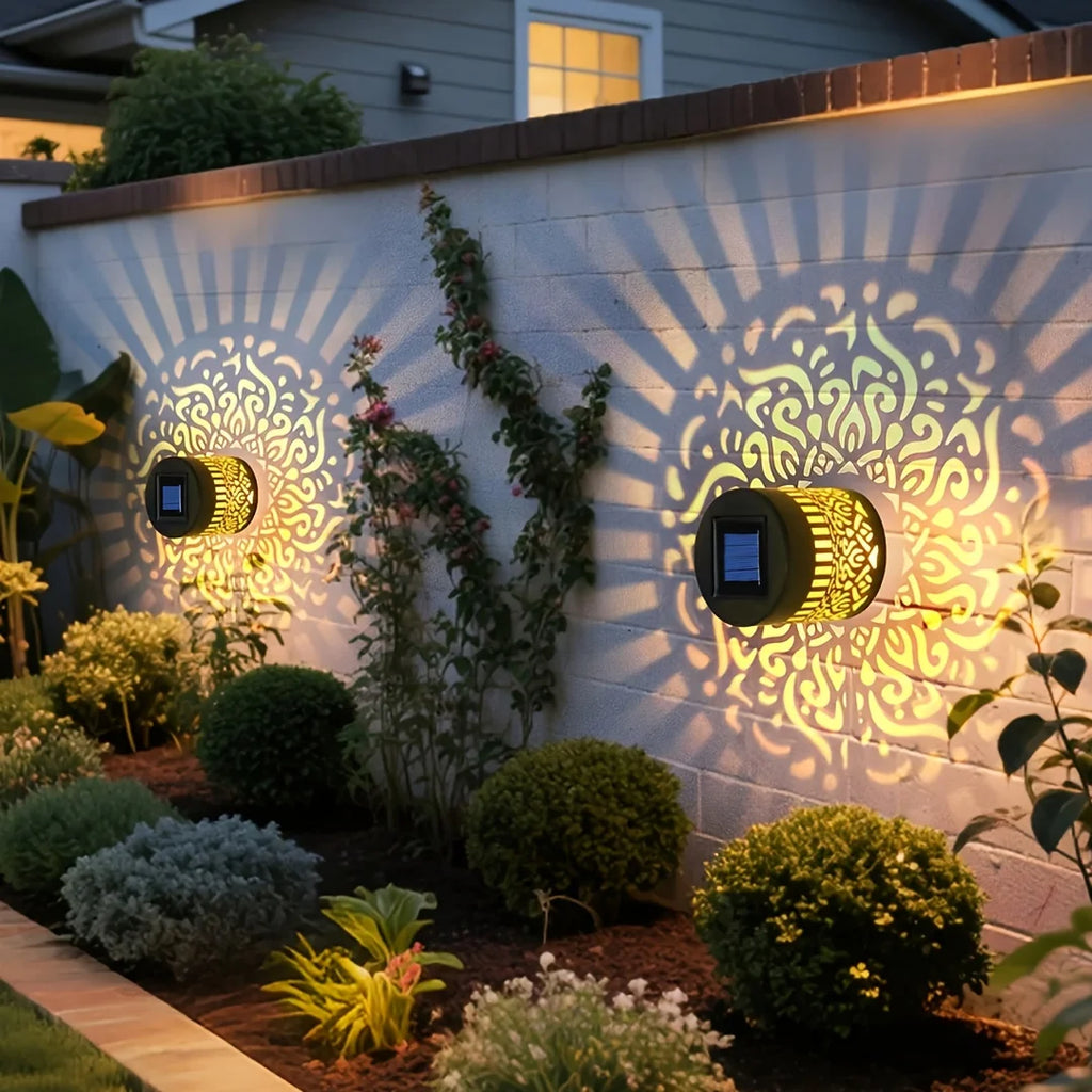 Solar Outdoor Wall Light Projector Waterproof Garden Lamp Patio Fence Decorative Hollow Lantern Lawn Yard Pathway Decor Lighting