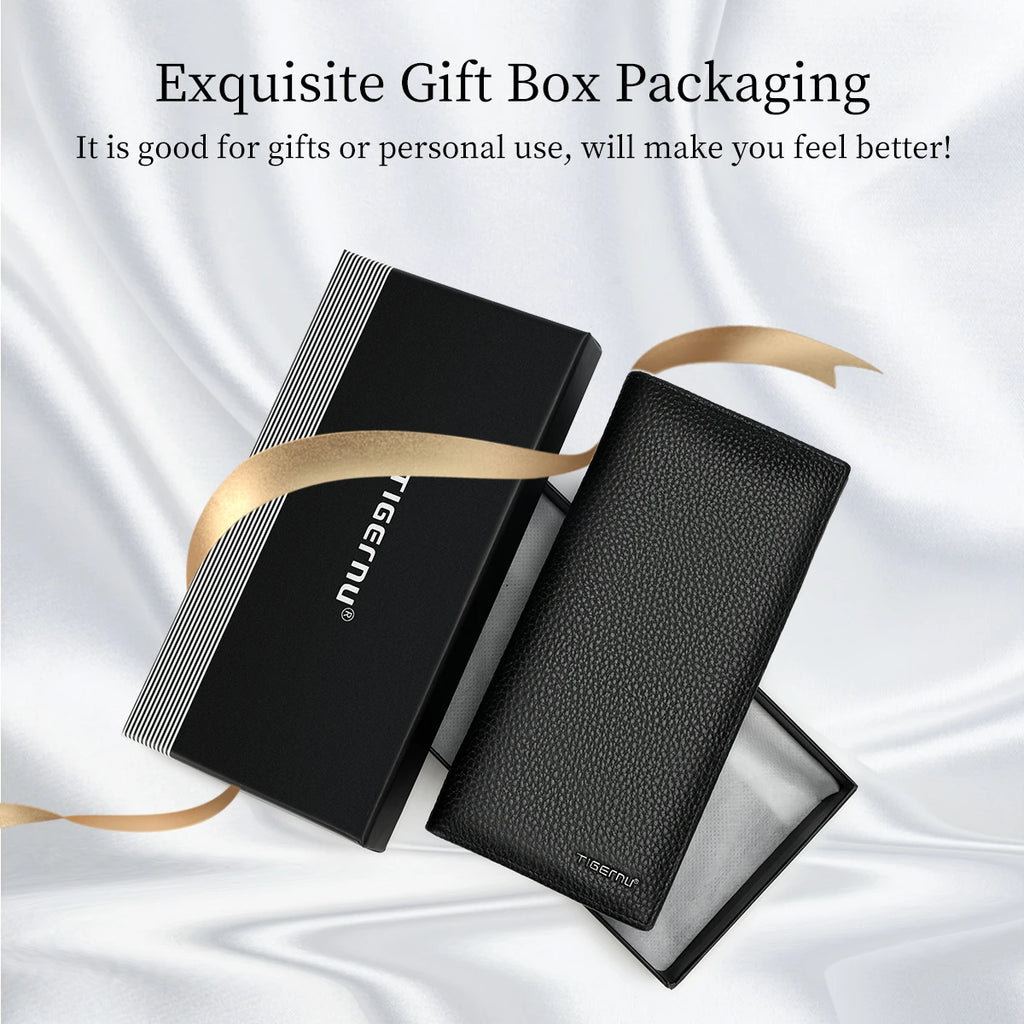 Tigernu Genuine Leather Wallet for Men Long Wallet Men's Wallet Male Slim Leather Purse Card Holder Zipper Pocket gift box