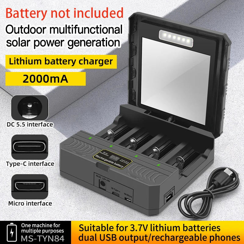 Solar Lithium Battery Smart Charger Type-C USB Four-Slot Multi-Function Outdoor Charger for 3.7V 18650/26650/21700 Batteries