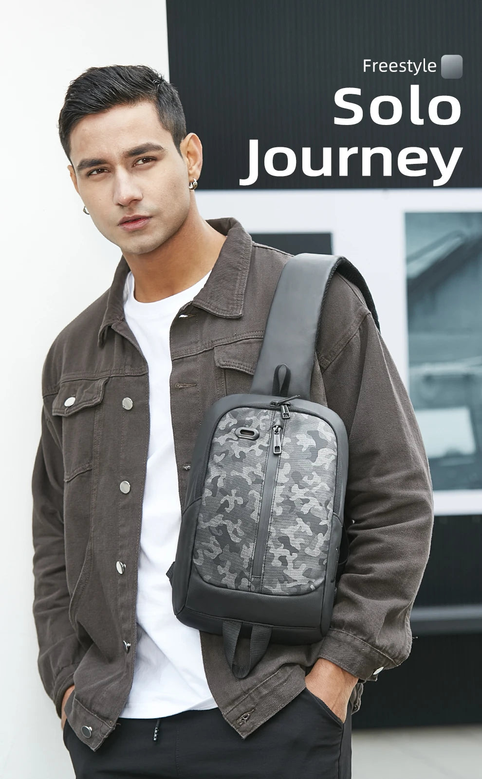 HK Lightweight Shoulder Bag USB Charging Camouflage Crossbody Bag for Men Casual Outdoor Running Sling Bags With Earphone Jack