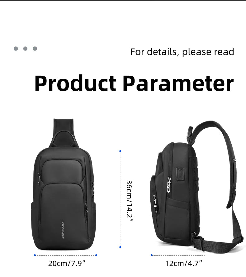 HK Business Crossbody Bag Waterproof Men's Shoulder Bags Chest Pack with USB Port Large Oxford Side Bag for Men Leisure Satchel