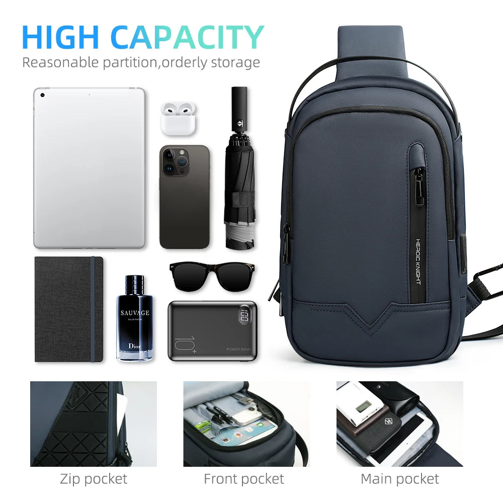 HK Minimalist Crossbody Bag Waterproof Men's Shoulder Bag Oxford Casual School Bag with USB Port Commute Business Chest Bag Male