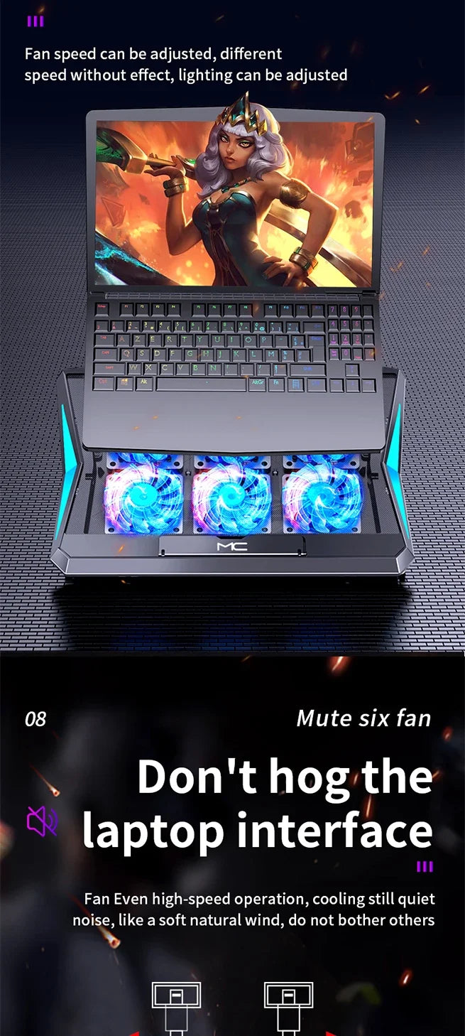 Q3 Gaming Laptop Cooler With Six Fans Adjustable Height Silent Cooling Pad Laptops Computer Stand For Laptops Below 15.6-inch