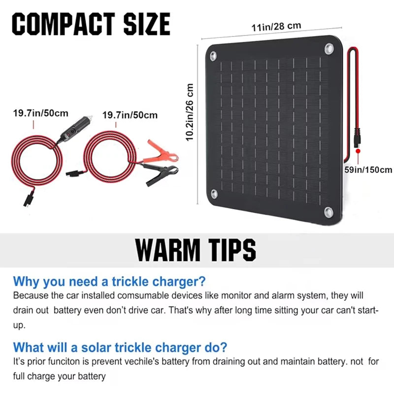 Solar Car Battery Charger Maintainer 12V Waterproof Portable Solar Trickle Charger for Car Truck Boat Lawn Mower RV