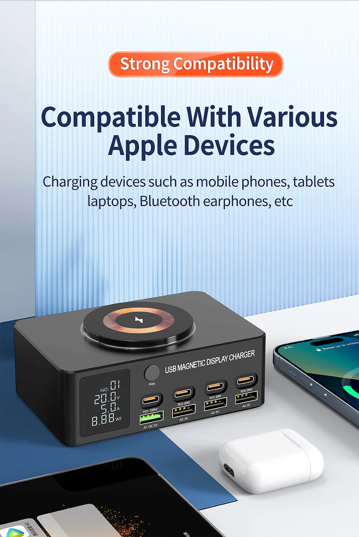 220W GaN USB Type C Fast Charger Portable QC3.0 140W Desktop Power Charging Station Charger For iPhone 16 15 Pro Max MacBook Air