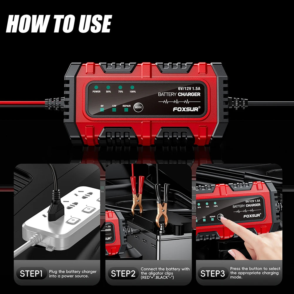 6V 12V 1.5A Smart Car Battery Charger for Lead-Acid AGM GEL Batteries (US)